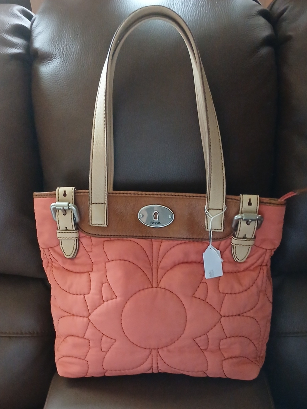 Fossil Coral Quilted Tote with Tan Handles